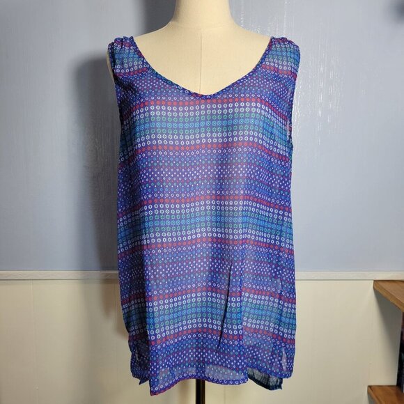 Gap Large Blue Red Floral Semi Sheer V Neck Sleeveless Lightweight Tank Top - Picture 1 of 10